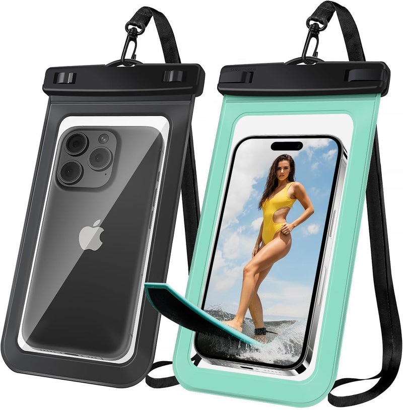 Woyinger [2 Pack Waterproof Phone Case, Universal Dry Bag for iPhone 15/14/13/12 Pro Max, IPX8 Waterproof Pouch, Cruise Ship & Beach Essentials, Black & Green - 8" - Image 1